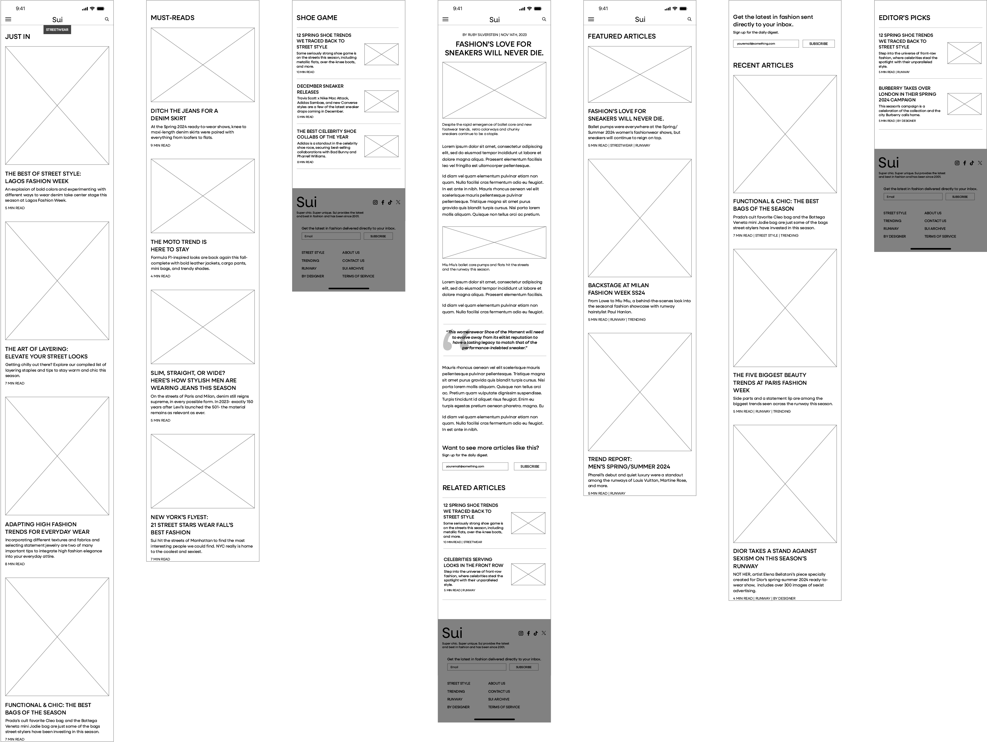 wireframes of the mobile pages for the Sui site